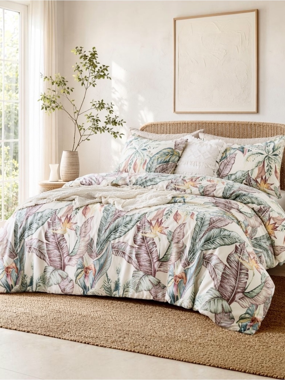 NEW Anthro White Floral Botanical Boho Cotton Queen King Bedding Duvet Sham Set